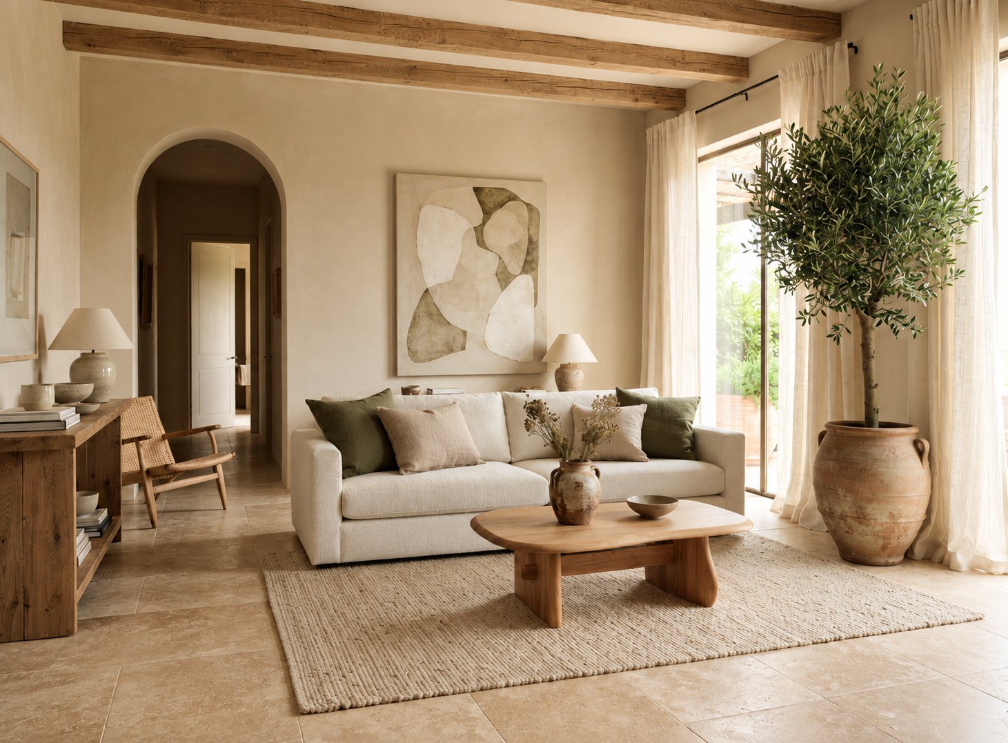 Sala mediterránea con luz natural, sofá de lino, mesa de centro de madera y un olivo