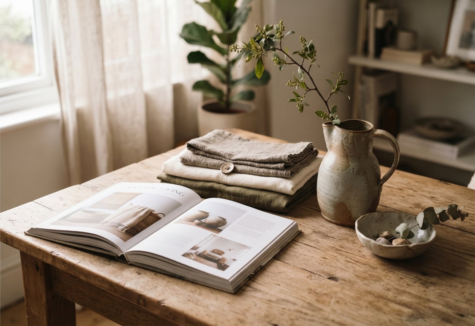 Mesa de madera con textiles de lino, un libro de decoración y una jarra de cerámica junto a la ventana